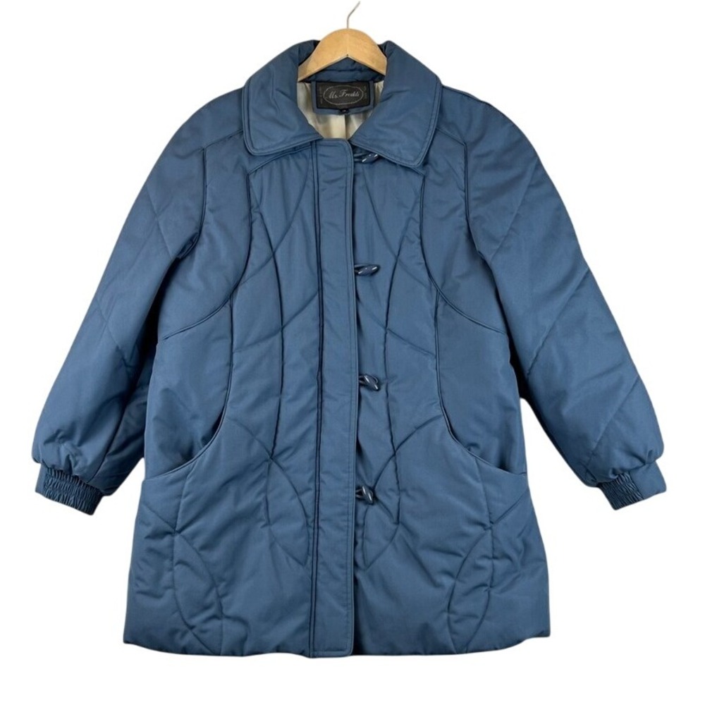 VTG Ms Freddi Quilted Coat Padded Lined Button Front Blue Jacket Size 16